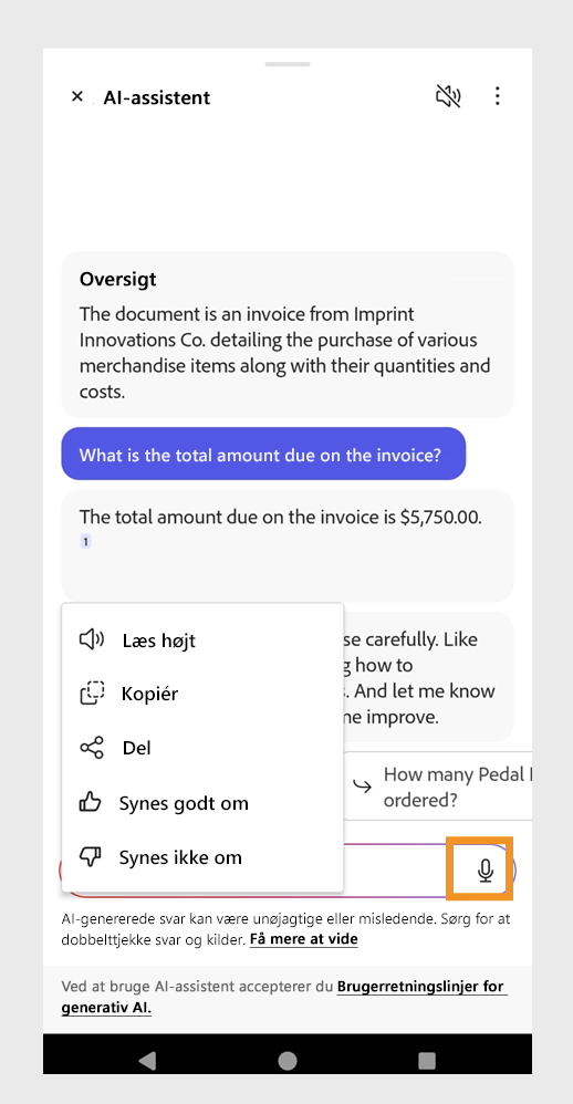 Panelet AI-assistent viser et stemmeikon til stemmebaserede spørgsmål.
