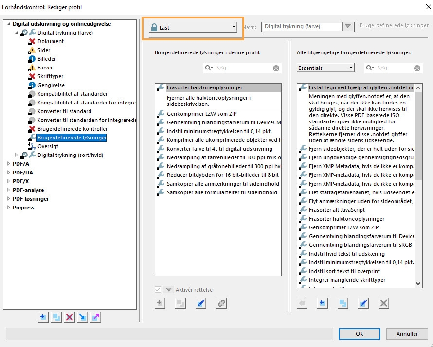 Dialogboksen Forhåndskontrol til redigering af profil vises