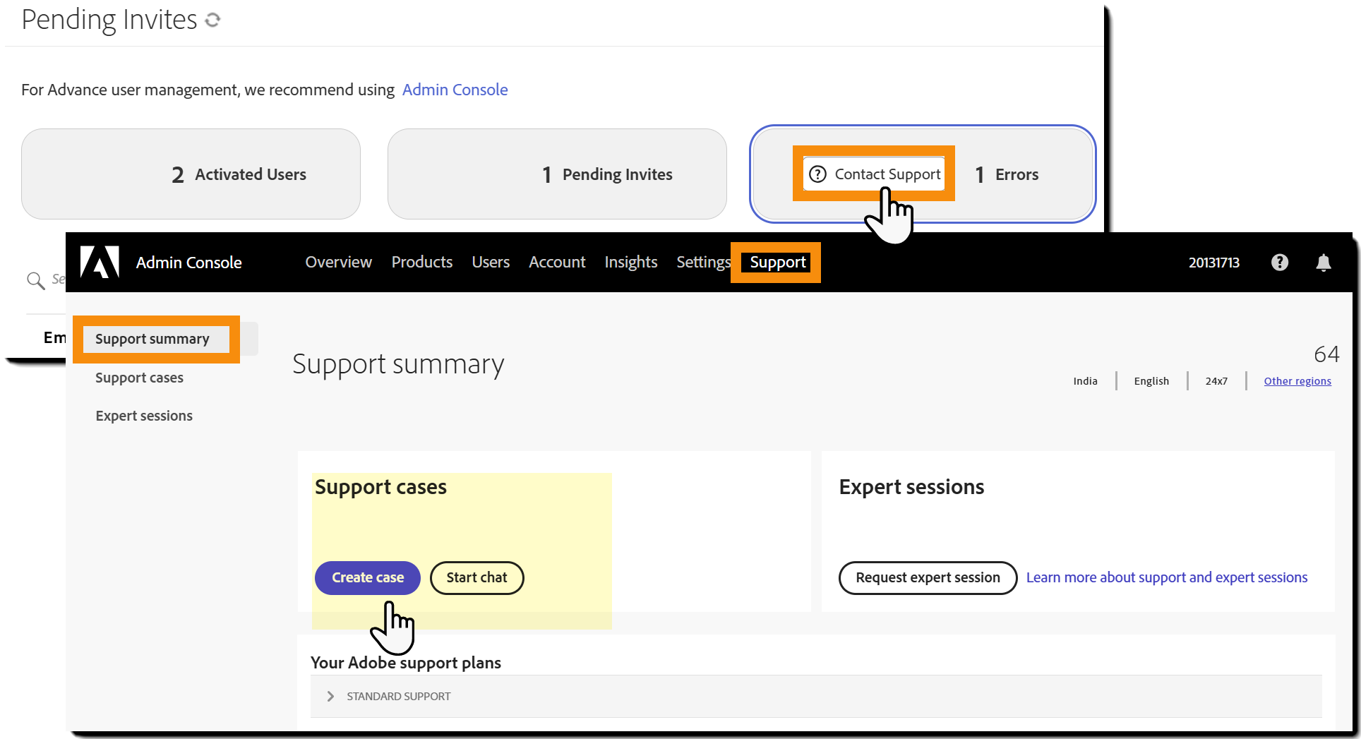 Visningen Fejl fremhæver linket Kontakt support og den resulterende Admin Console-side