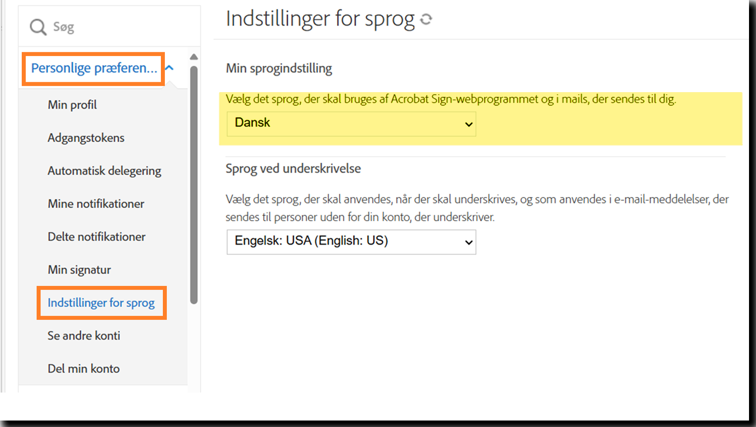 locale_settings Menuen Brugerens personlige præferencer, der fremhæver feltet Sprogpræferencer