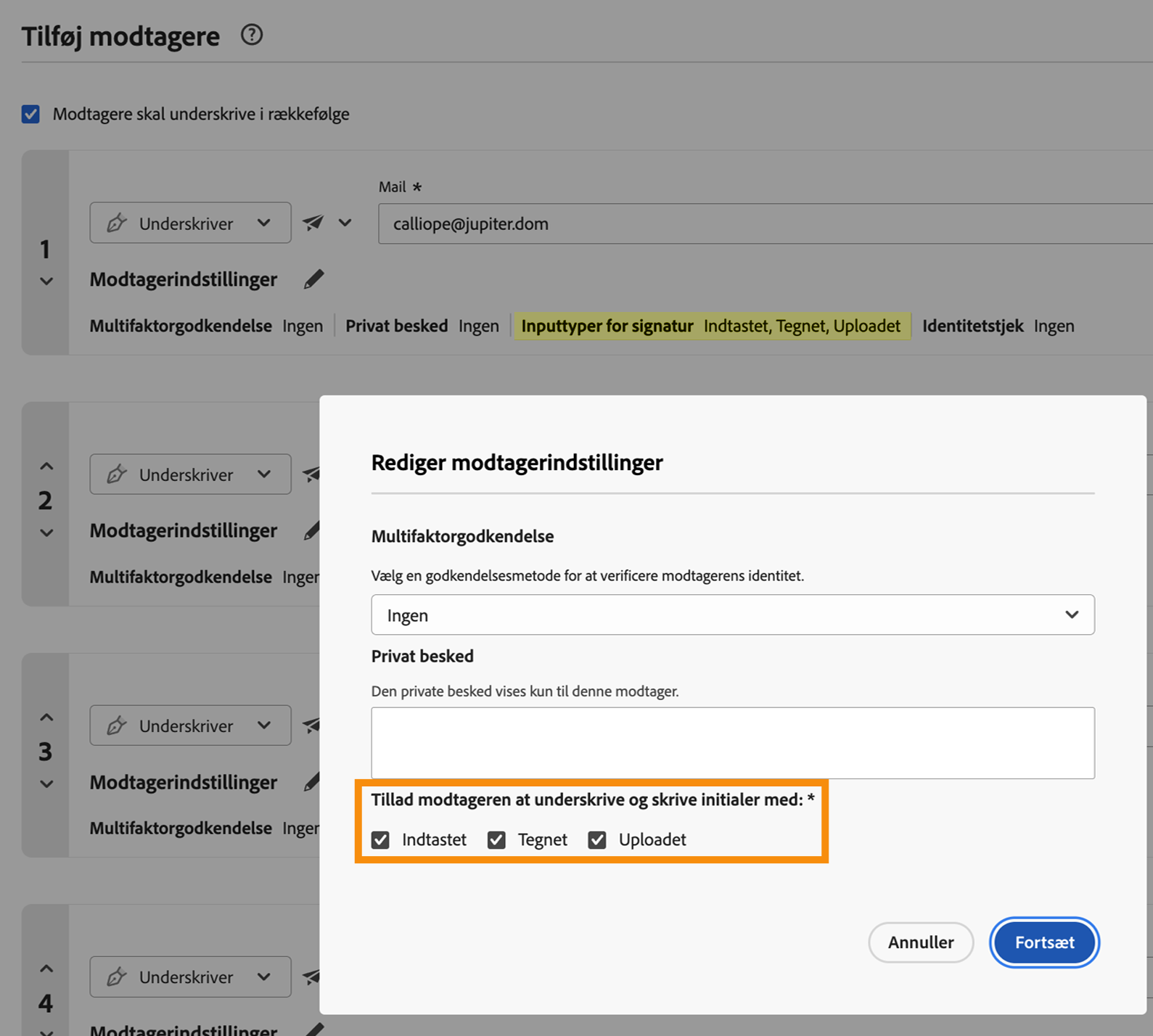 Siden Opret med modtagerens indstillinger vist, og de tilladte signaturtyper fremhævet.