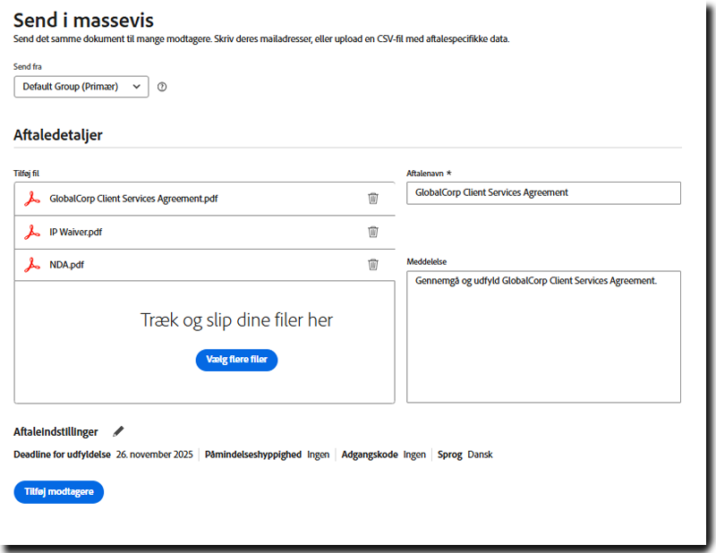 Grænsefladen Send i massevis, der viser de konfigurerede aftaleoplysninger