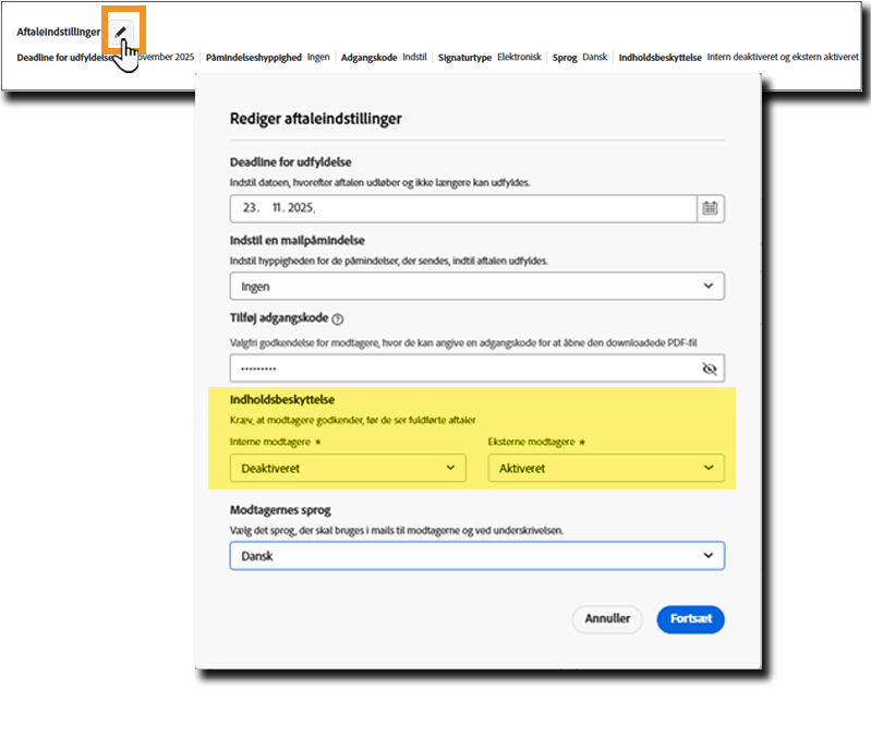 Panelet Aftaleindstillinger med indholdsbeskyttelsesfelterne fremhævet