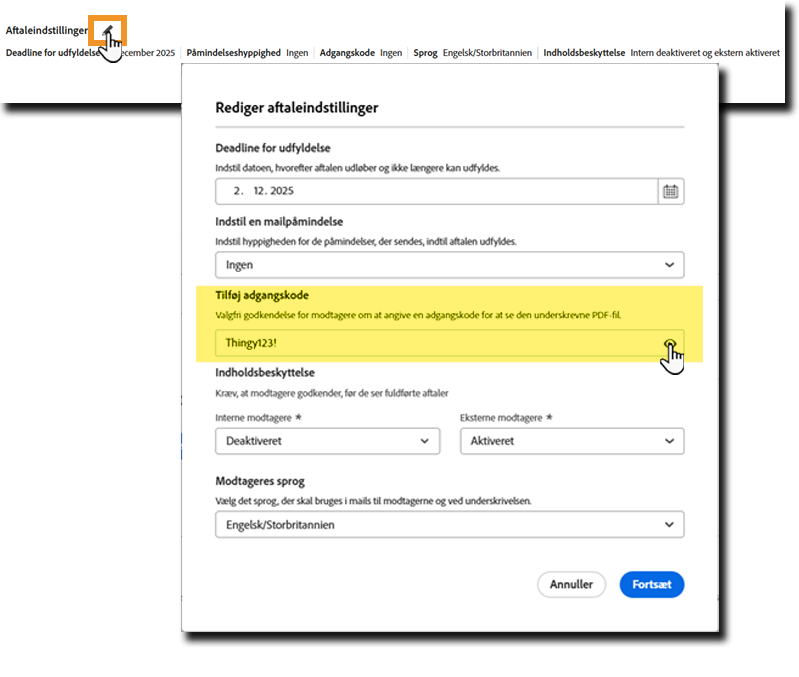Panelet Aftaleindstillinger med feltet for adgangskode fremhævet