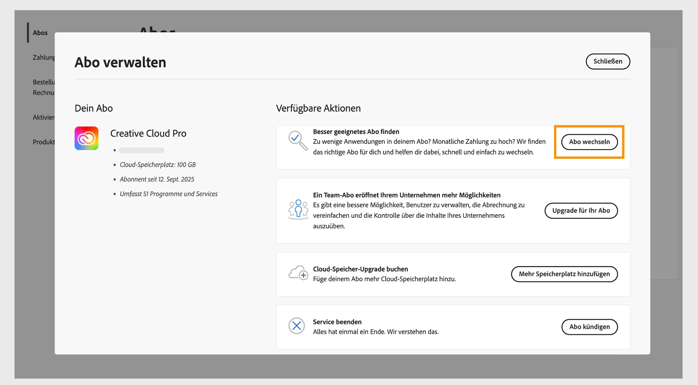 Das Fenster „Abo verwalten“ zeigt die verfügbaren Aktionen an, wobei die Schaltfläche „Abo wechseln“ hervorgehoben ist.