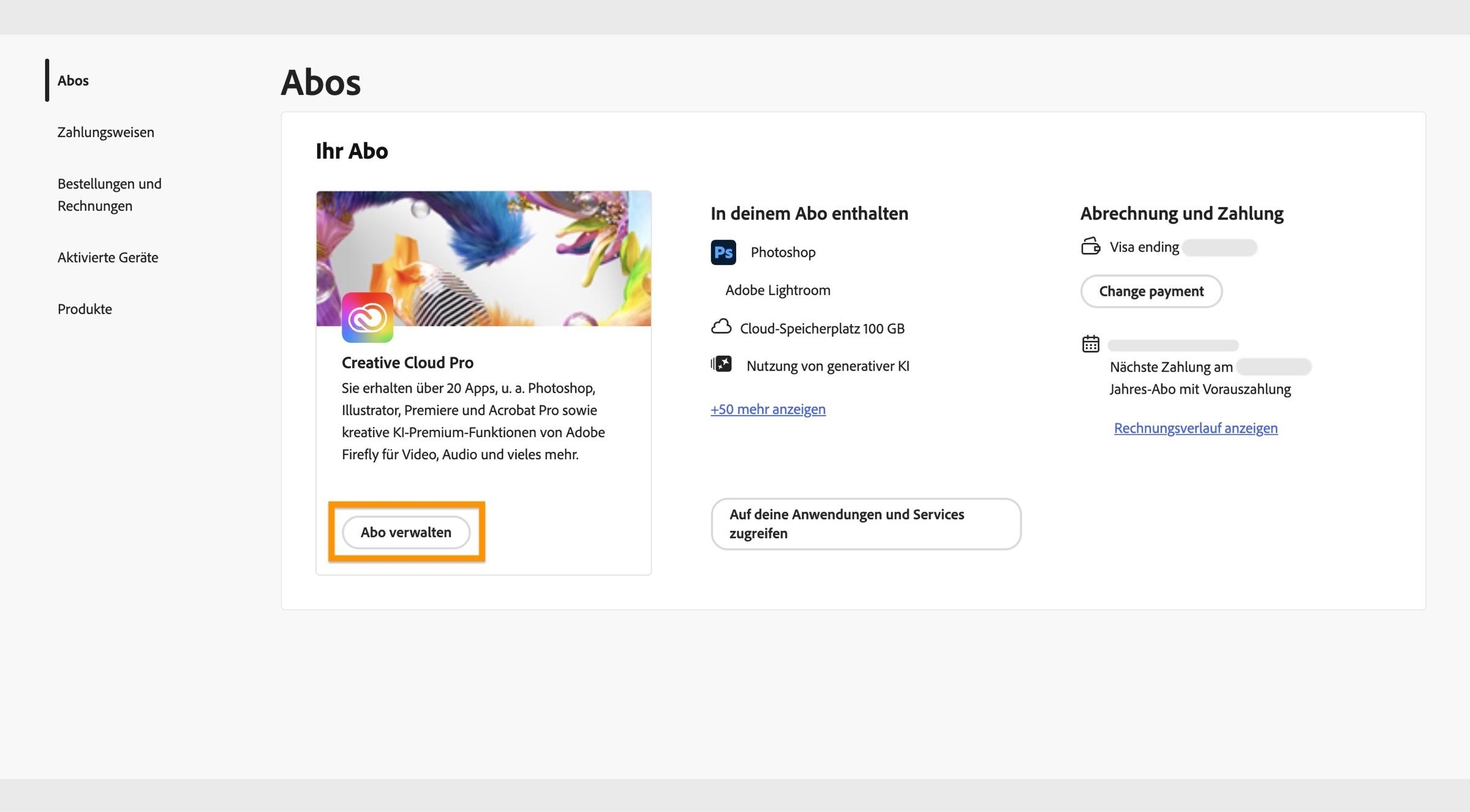 Die Schaltfläche „Abo verwalten“, die bei aktiven Abos im Abschnitt „Abos“ verfügbar ist, bietet die Möglichkeit, dein Adobe-Abo zu wechseln.