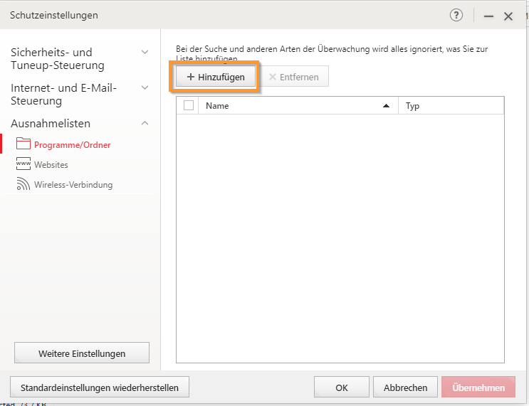 Ausnahme hinzufügen