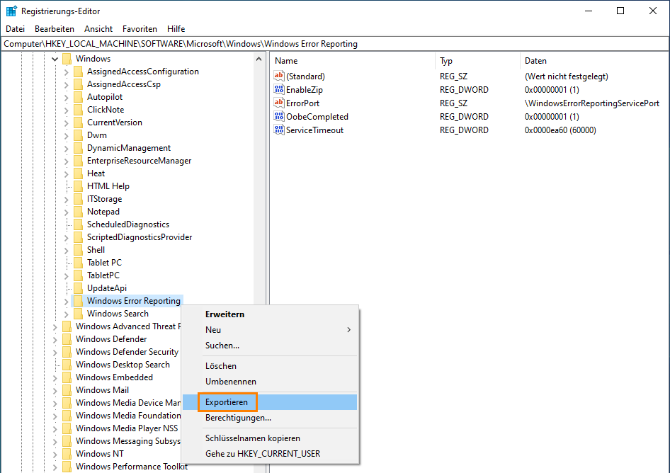 Backup des Registrierungsschlüssel
