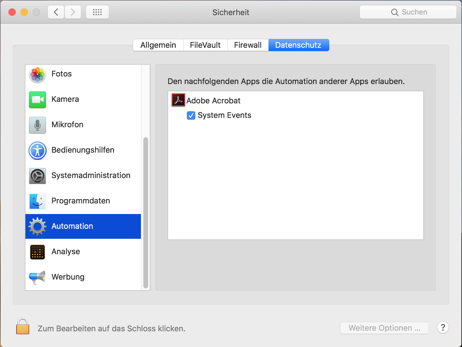 Sicherheitseinstellungen für Zugriff oder Steuerung