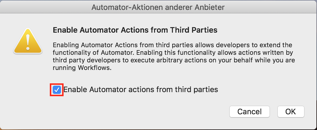 Dialogfeld „Automator-Aktionen von Drittanbieter“