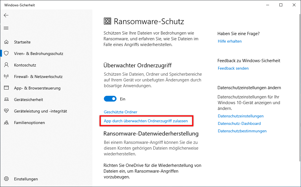 App über kontrollierten Ordnerzugriff zulassen