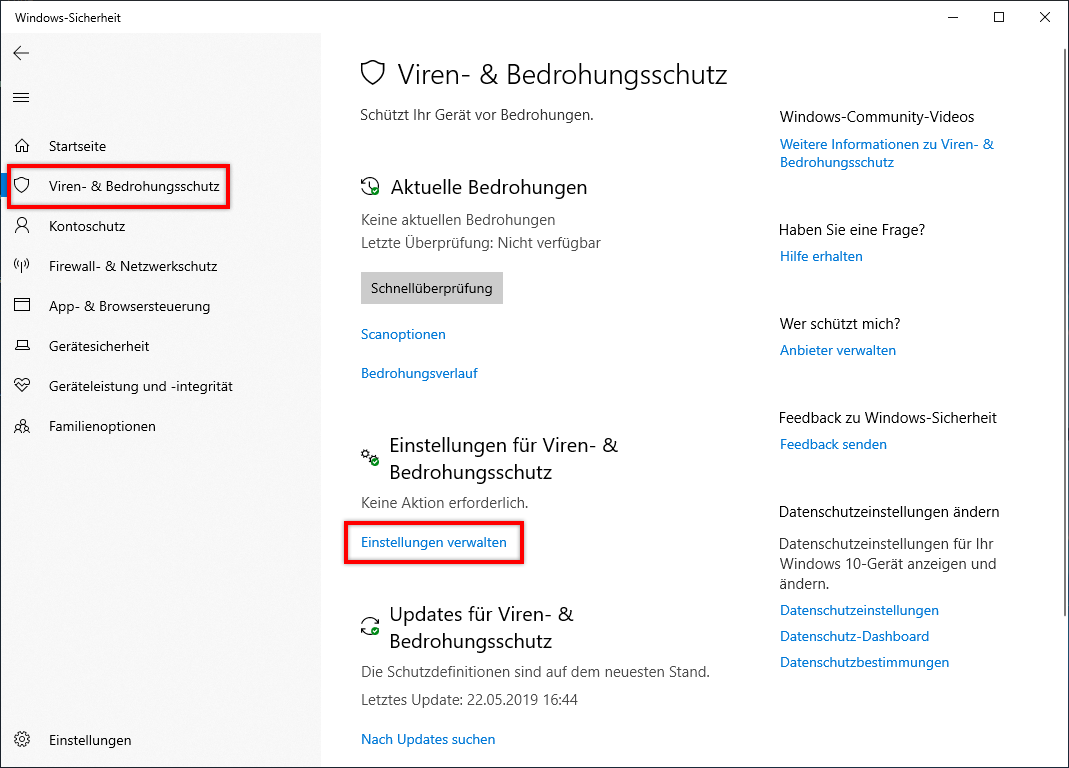 In „Viren- und Bedrohungsschutz“ auf „Einstellungen verwalten“ klicken