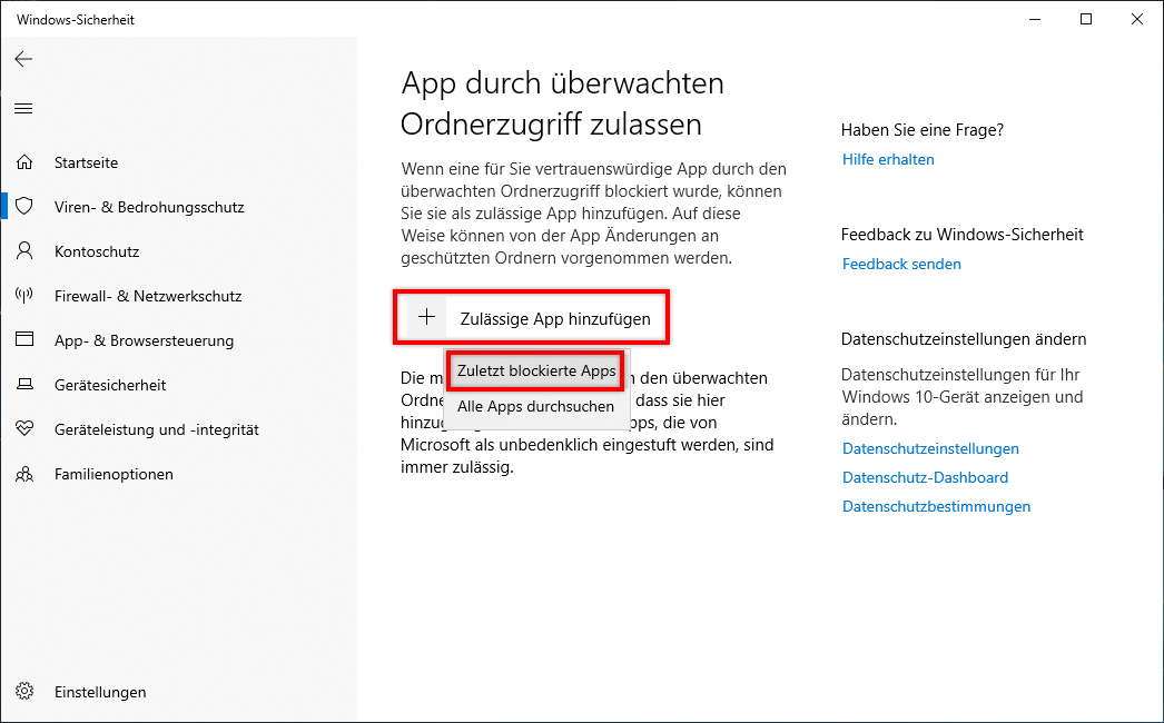 Kürzlich blockierte Anwendung zulassen