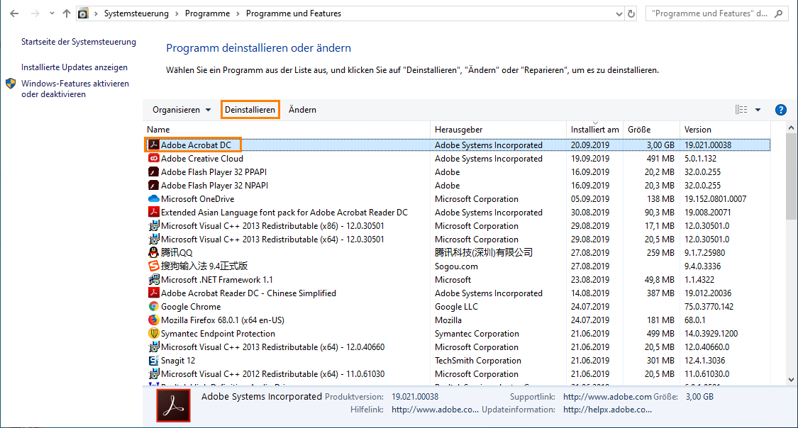 Deinstallieren von Adobe Acrobat DC