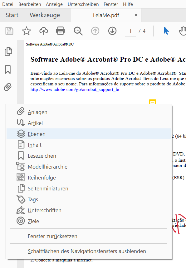 Wähle im Kontextmenü des linken Fenster die Option „Ebenen“.