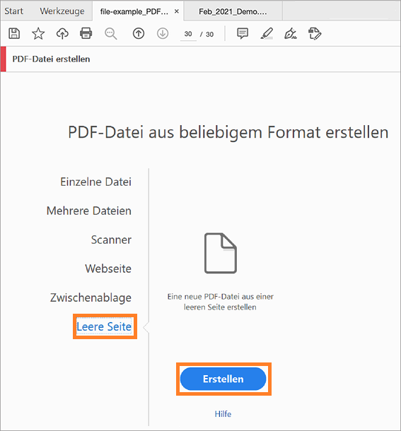 Erstellen einer leeren PDF-Datei über „Werkzeuge“ > „PDF erstellen“