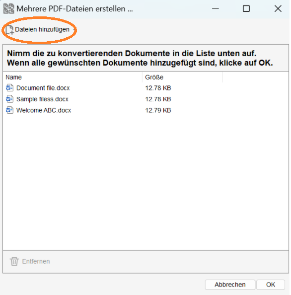 Dialogfeld „Mehrere PDF-Dateien erstellen“