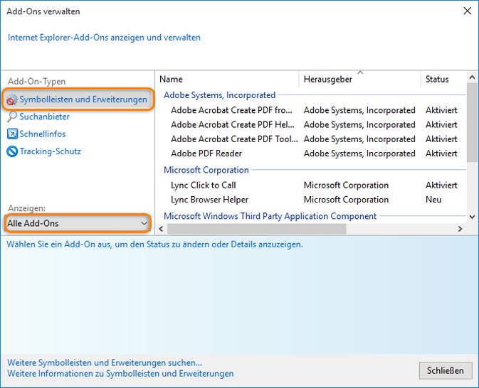 Verwalten von Add-Ons in Internet Explorer