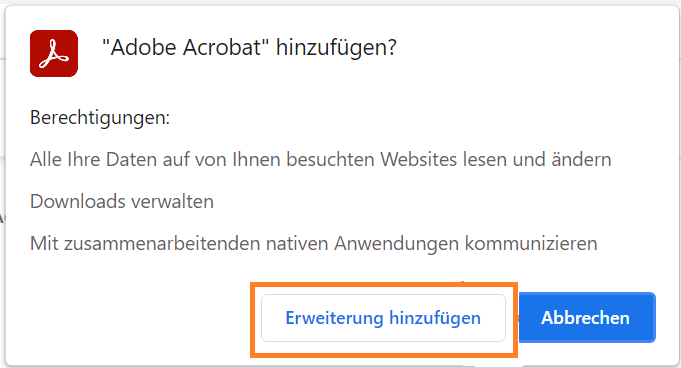 Aufforderung für die hinzugefügte Erweiterung
