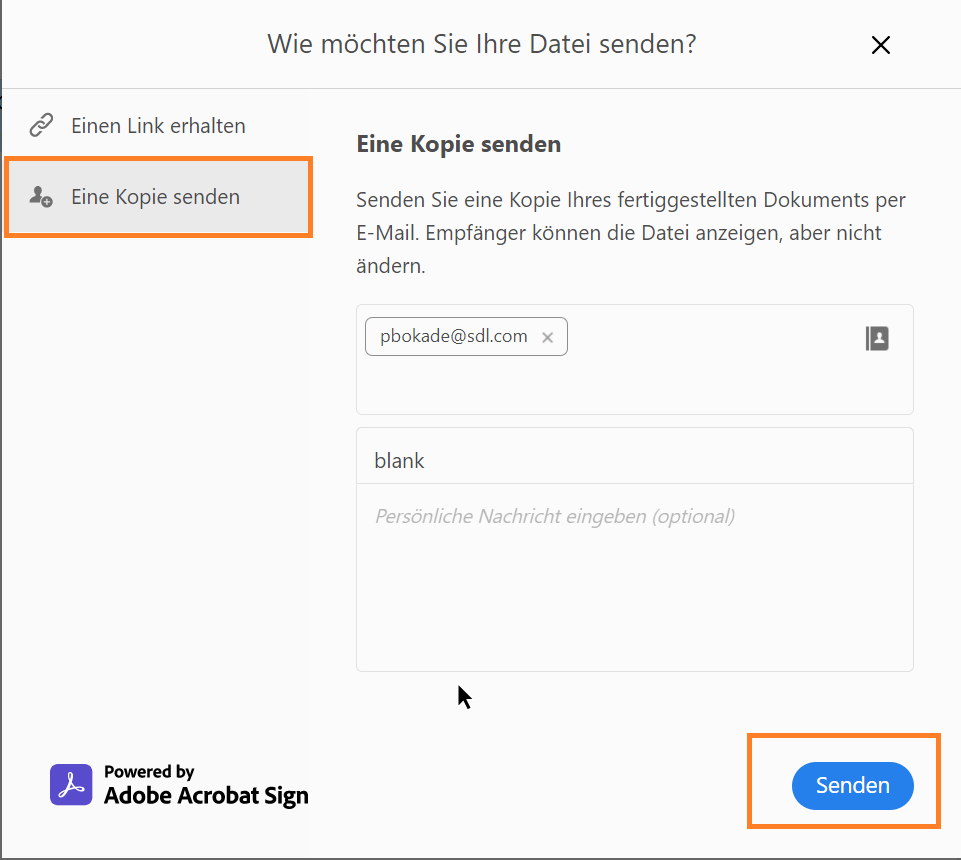 Senden einer Version des ausgefüllten und unterzeichneten Formulars