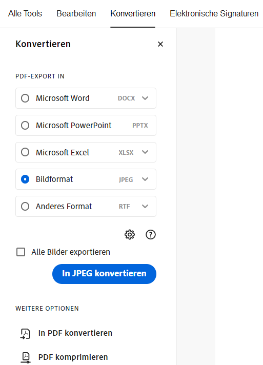 Wähle ein Bildformat zum Exportieren als Bilder aus.