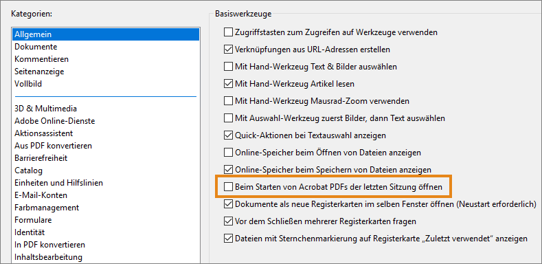 Beim Starten von Acrobat PDF-Dateien der letzten Sitzung öffnen