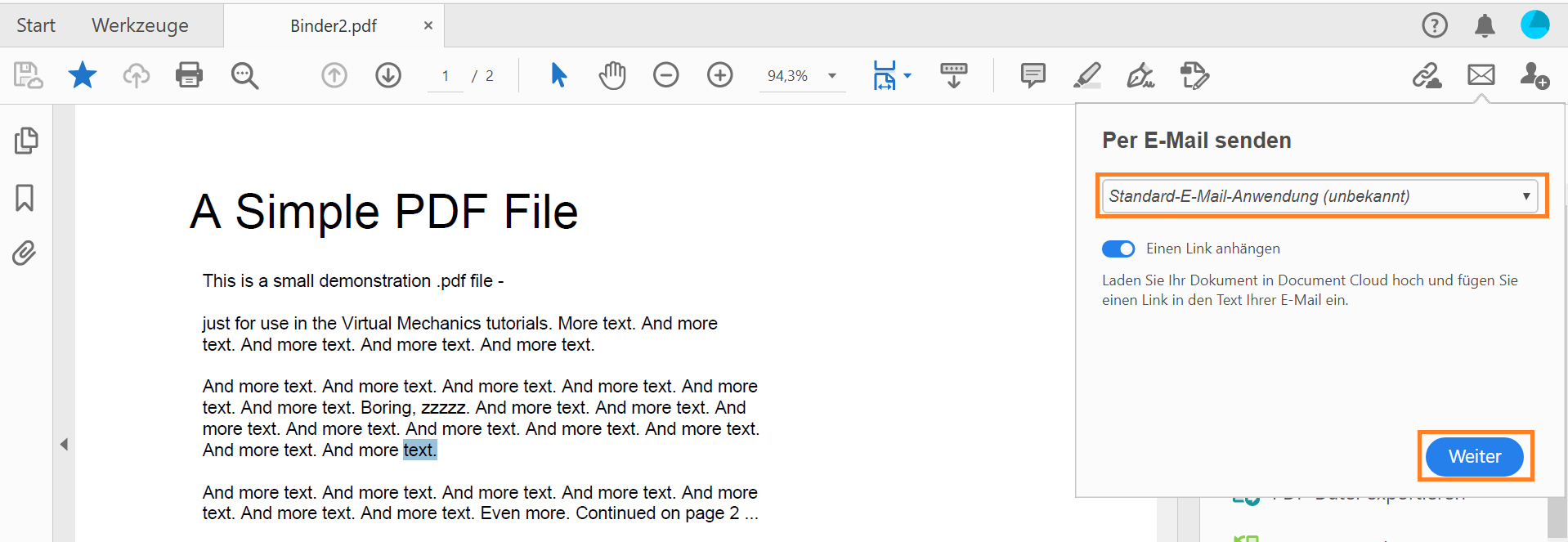 Senden der Datei über den Standard-E-Mail-Client