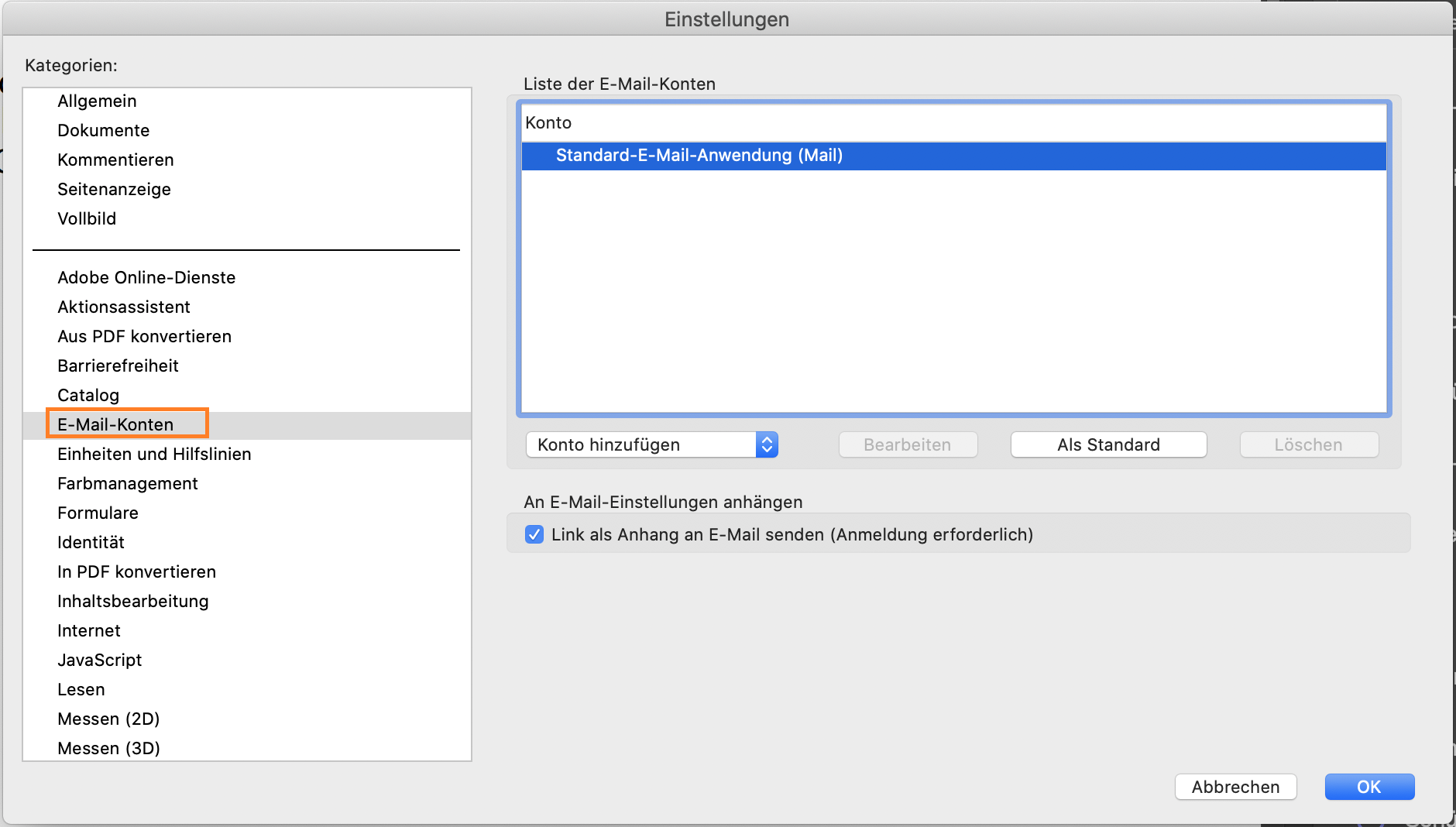 Hinzufügen, Löschen oder Festlegen eines E-Mail-Kontos als Standard