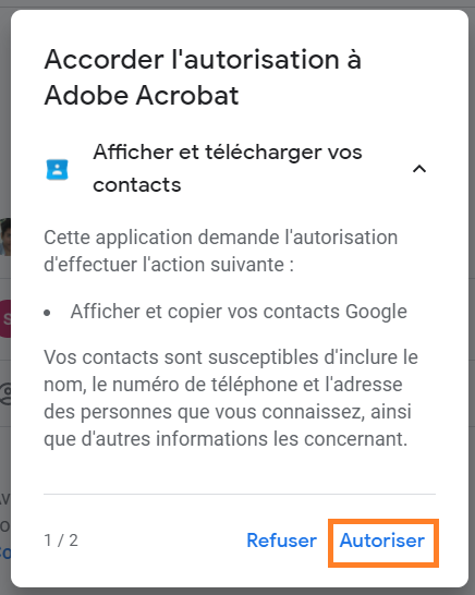 Acrobat-Berechtigungsdialog für den Zugriff auf Gmail-Kontakte