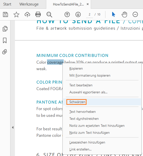 Schwärzen aus dem Kontextmenü durch Klicken mit der rechten Maustaste