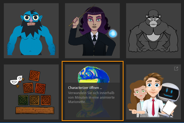 Characterizer auf dem Startbildschirm Characterizer auf dem Character Animator-Startbildschirm