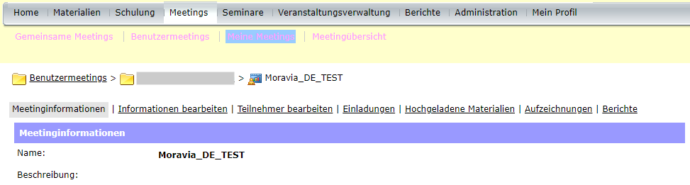 Zugriff auf Aufzeichnungen über die Registerkarte „Aufzeichnungen“ nach dem Eintreten in ein Meeting in Adobe Connect Central.