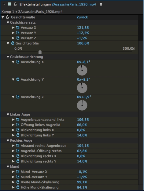 Steuerelemente für den Effekt „Gesichtsmaße“