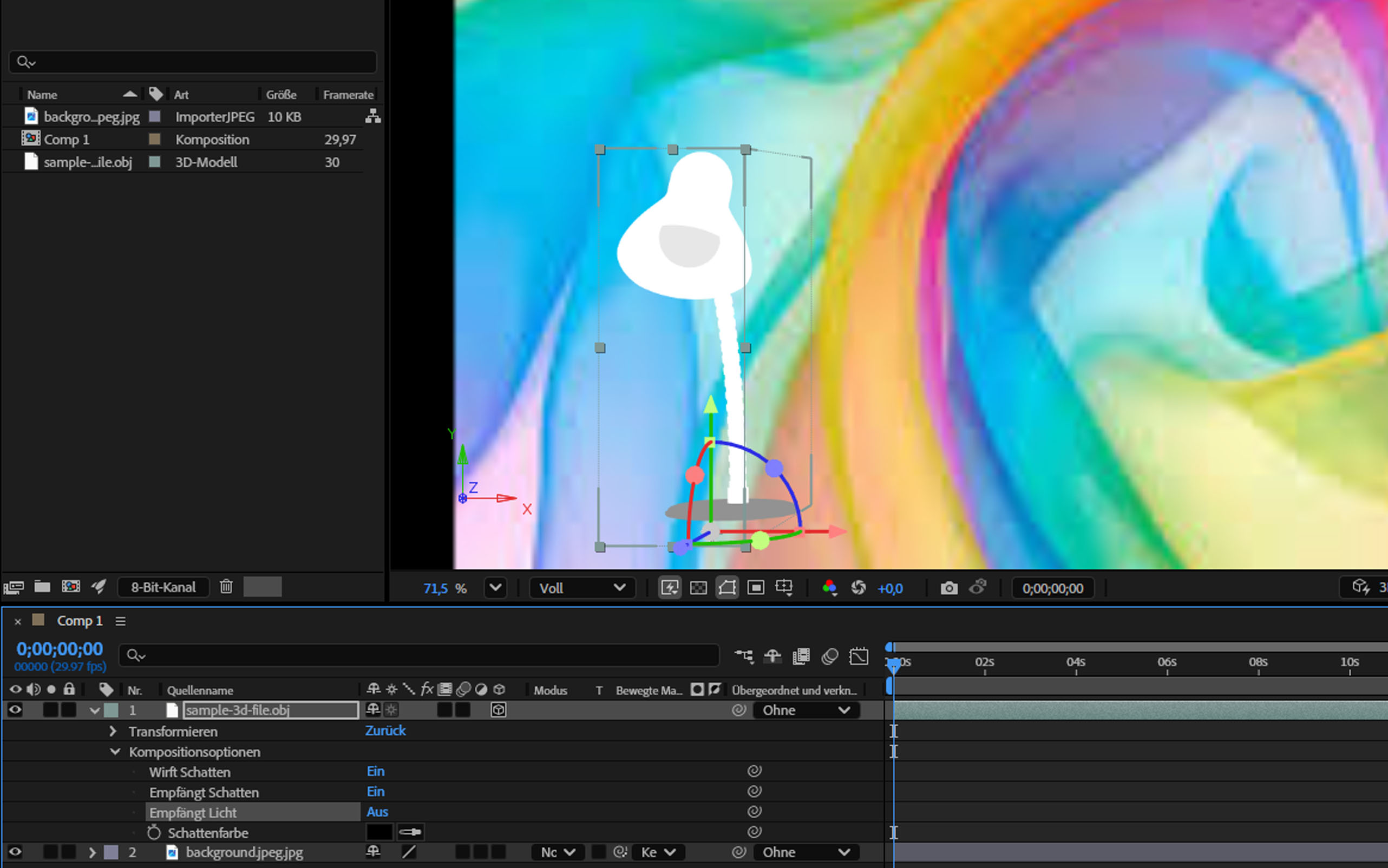 Die Option „Empfängt Licht“ der ausgewählten 3D-Ebene ist deaktiviert. Infolgedessen wird die leuchtende Lampe nicht durch das Umgebungslicht in der Komposition beeinflusst.