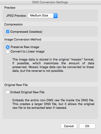 Das Dialogfeld „DNG-Konvertierungseinstellungen“ in Adobe Bridge