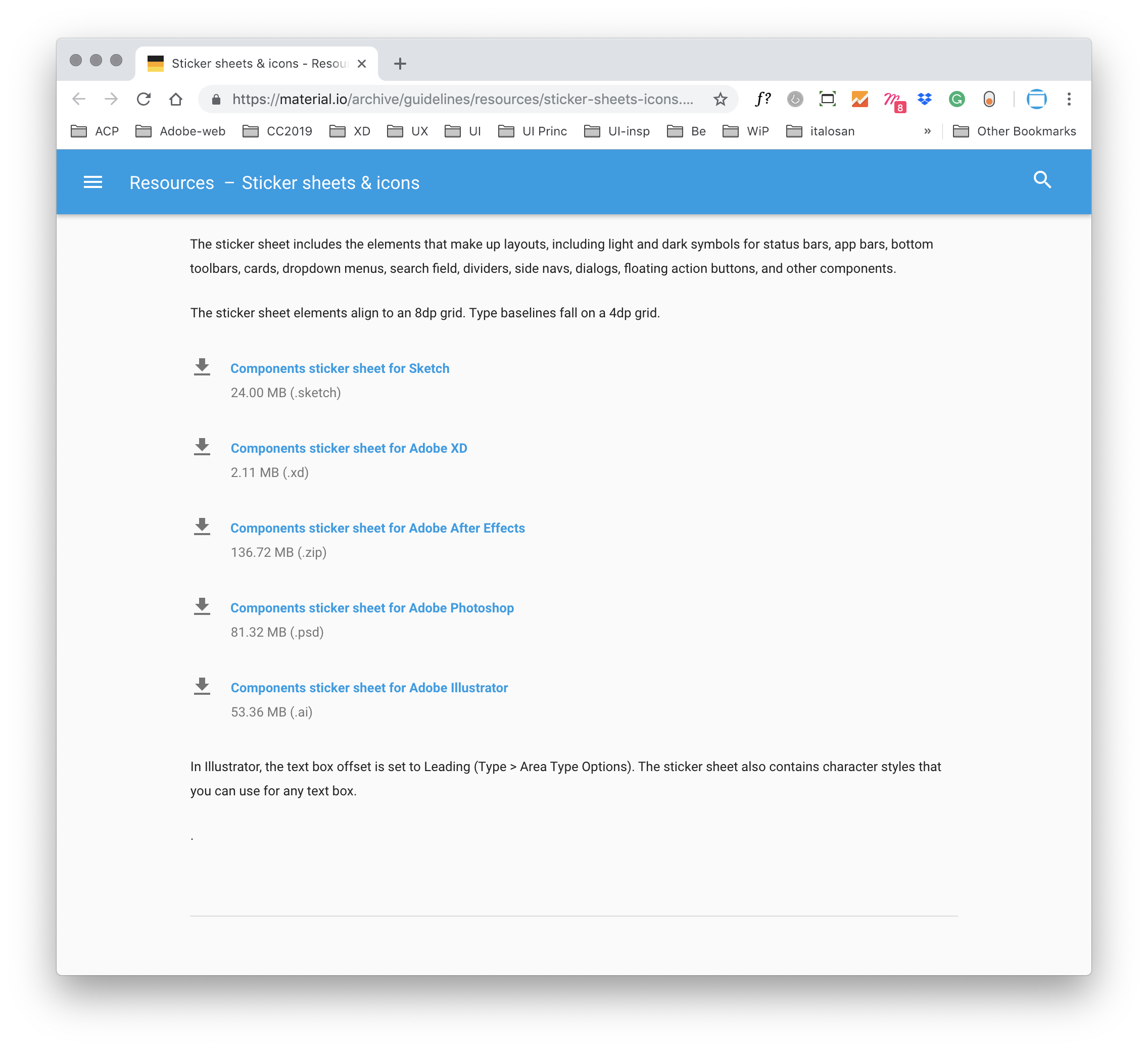 Die Download-Seite für das Adobe XD Dateiformat