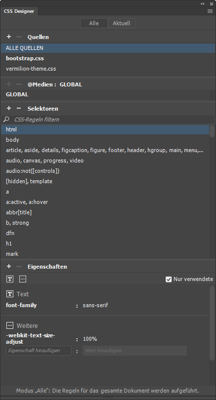 Bedienfeld „CSS Designer“