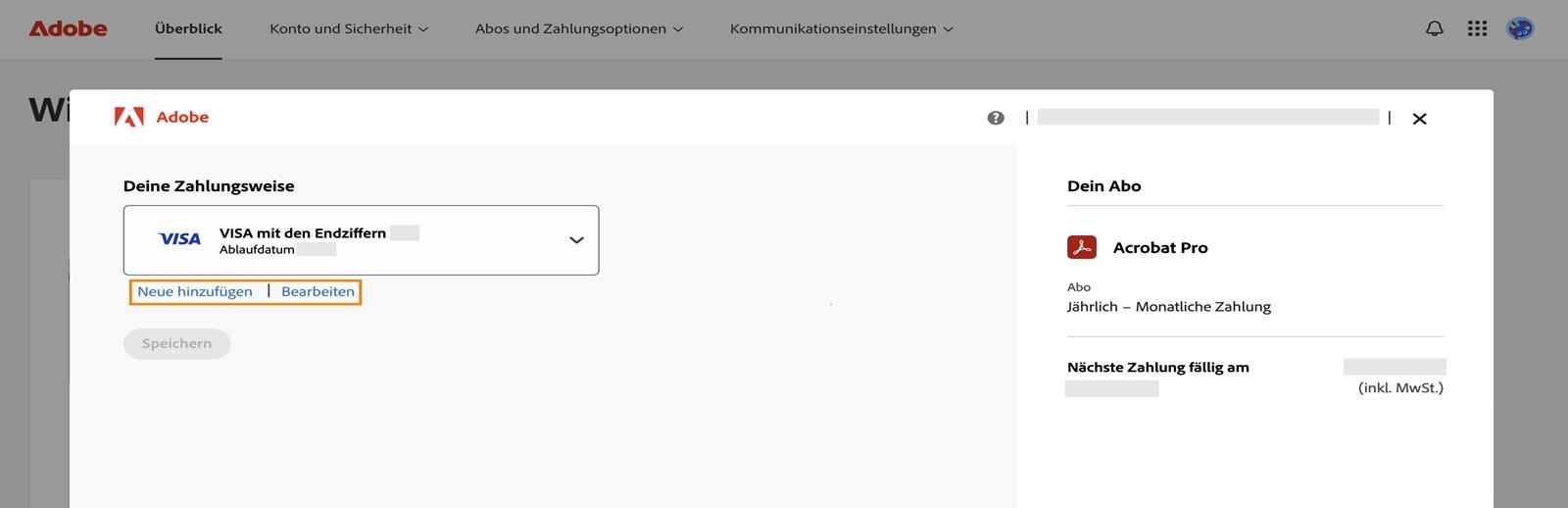 Die Buttons „Neu hinzufügen“ und „Bearbeiten“ auf der Seite „Deine Zahlungsmethode“ bieten die Möglichkeit, eine neue Zahlungsmethode hinzuzufügen oder eine bestehende zu bearbeiten. 