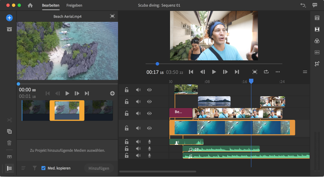 Ausgewählten Ausschnitt des Clips hinzufügen