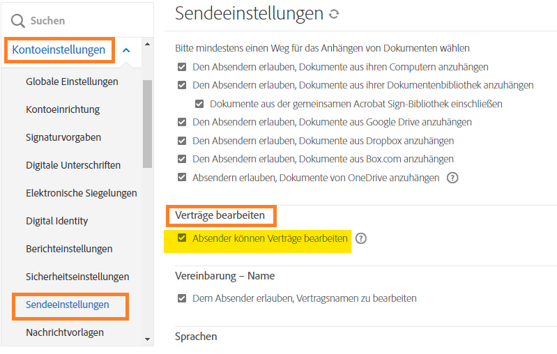 Navigieren Sie zu den Optionen zu „Vereinbarungen ändern“