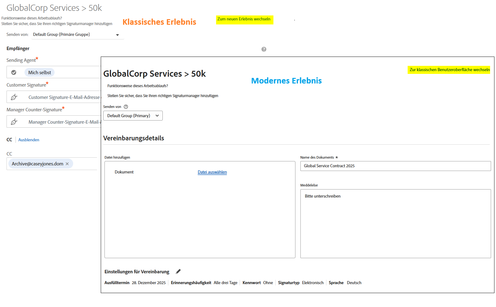 Die klassische Oberfläche mit der modernen Oberfläche als Einblendung darüber und den hervorgehobenen Umschaltlinks