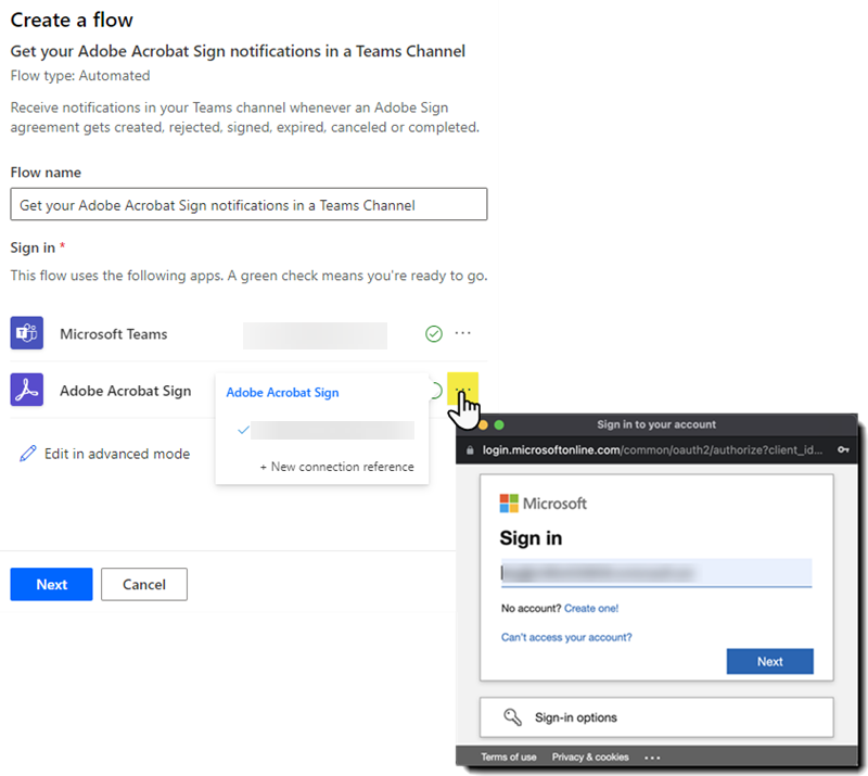 Power Automate zwischen Acrobat Sign und Teams mit geöffnetem Authentifizierungsfenster