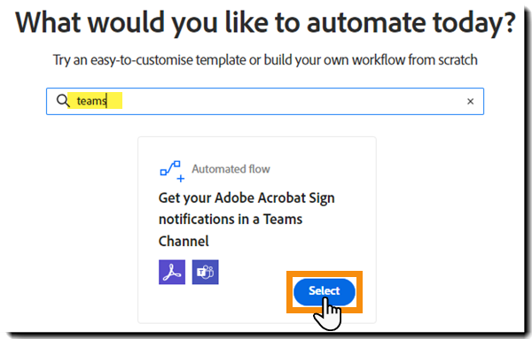 Seite „Workflow erstellen“ mit Suchergebnissen und der hervorgehobenen Schaltfläche „Start“