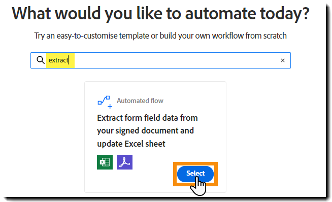 Seite „Workflow erstellen“ mit Suchergebnissen und der hervorgehobenen Schaltfläche „Start“