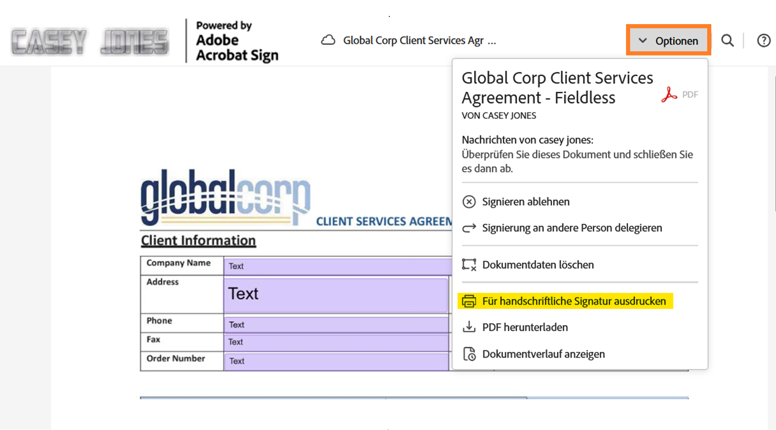 E-Signatur-Seite mit erweitertem Menü „Optionen“ und hervorgehobener Option „Drucken, signieren und hochladen“
