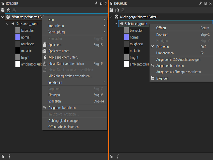 Zwei Beispiele des sich bei Rechtsklick öffnenden Kontextmenüs im Bedienfeld „Explorer“. Das erste Bild zeigt das Kontextmenü für ein Paket, das zweite Bild zeigt das Kontextmenü für einen Graphen.