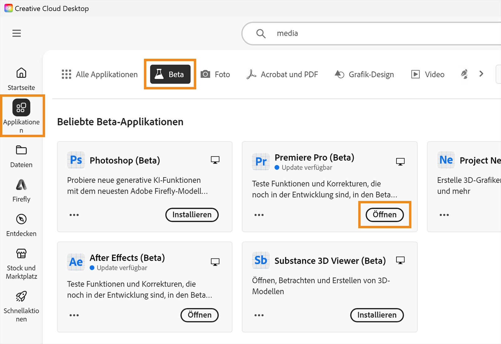Der Creative Cloud-Client wurde gestartet und die Optionen Anwendungen, Beta und Öffnen sind hervorgehoben. Wähle Öffnen, um die Beta-Anwendung zu öffnen. 