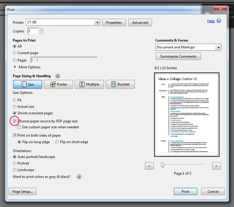 Select the Choose Paper Source by PDF Page Size option
