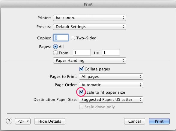 Select the Scale to Fit Paper Size option