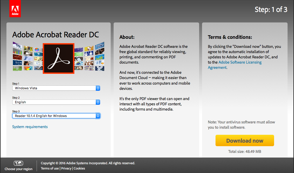 Adobe Reader download page for older versions